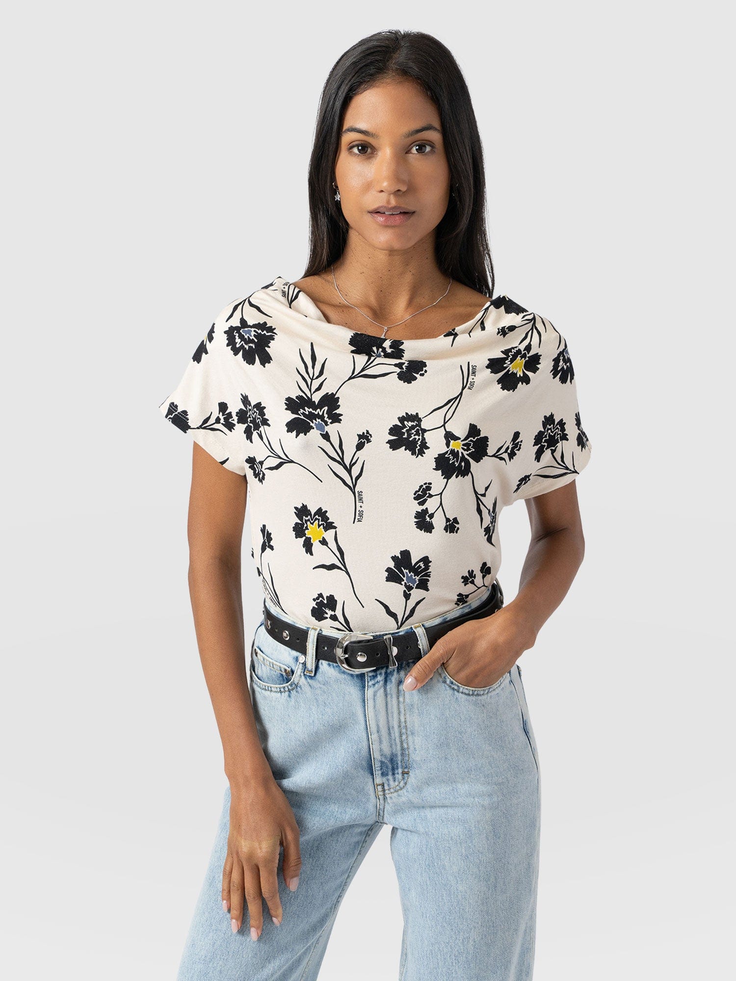 Cowl Neck Tee - White Spring Floral - Women's T-Shirts | Saint + Sofia® USA